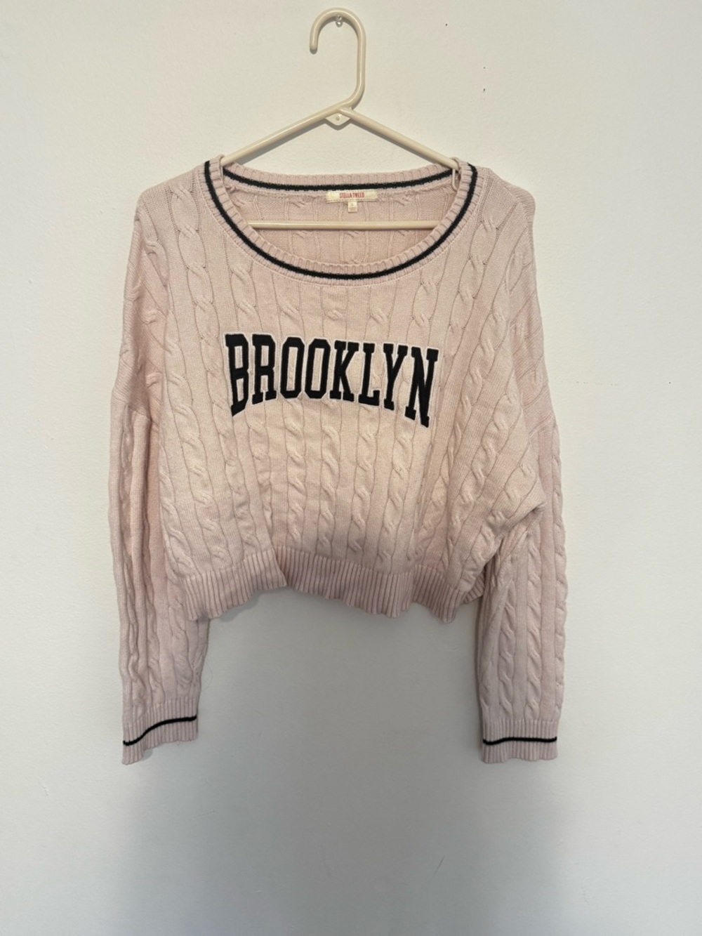 Stella Tweed Pink Cable-Knit 'Brooklyn' Cropped Sweatshirt with Black Trim